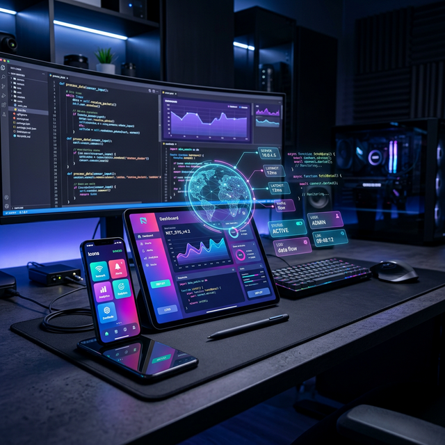 A futuristic workspace with multiple smartphones and tablets displaying colorful app interfaces on a dark modern desk with ambient blue lighting